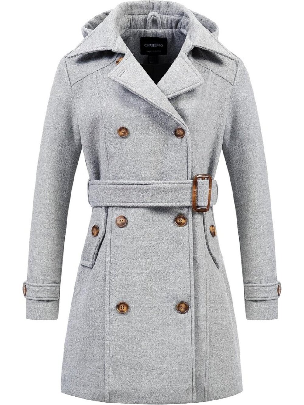 Women's Light Grey Detachable Hood Double Breasted Belted Mid-Length Trench Coat